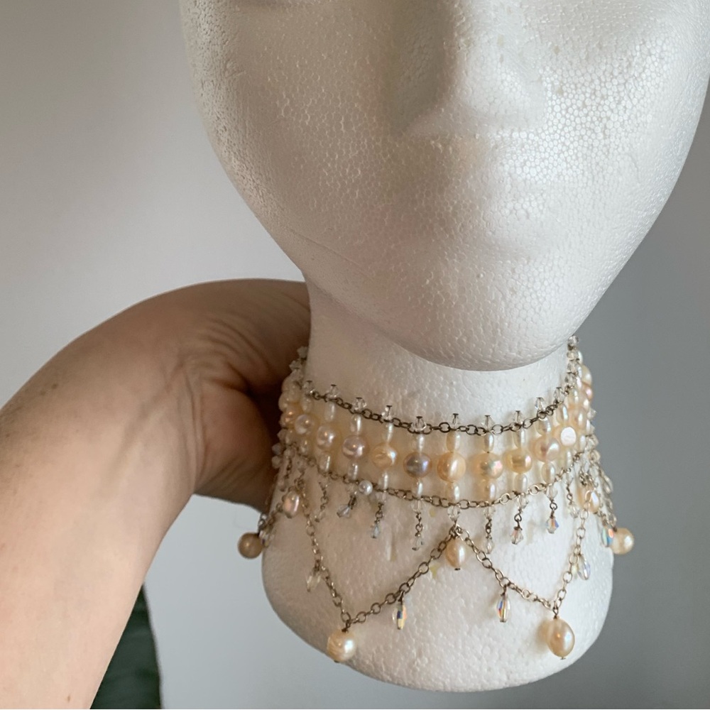 Vintage Freshwater Pearl and Swarovski Crystal Choker, Earrings, and Hairpin Set